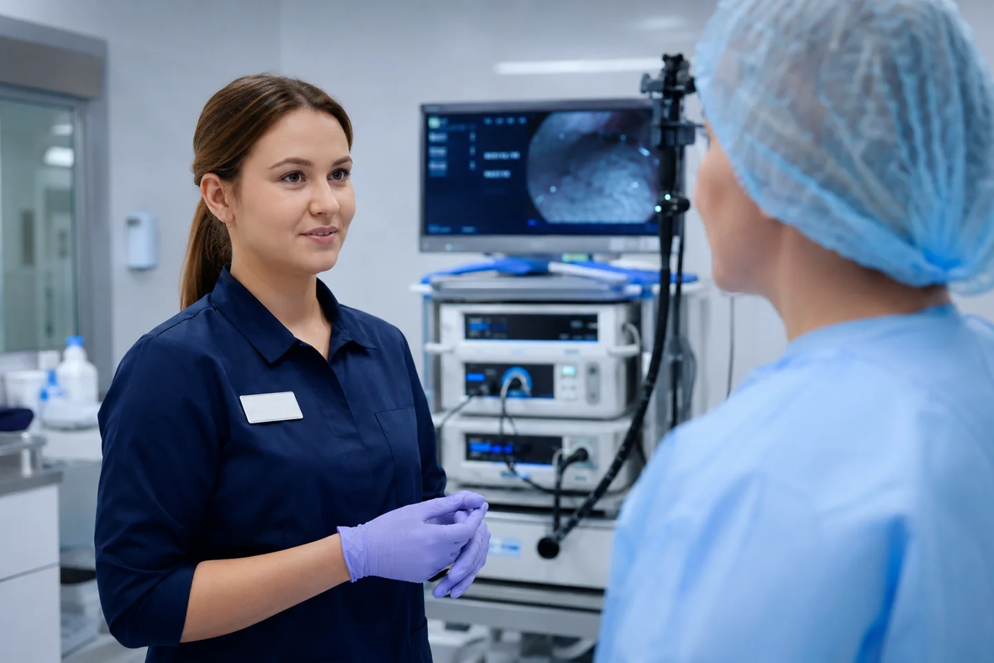 A clinician speaking with a patient before an endoscopy procedure.